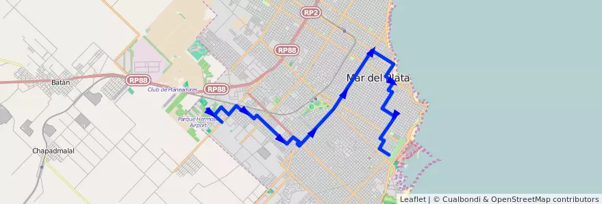 Mapa del recorrido A de la línea 591 en مار ديل بلاتا.