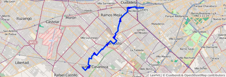 Mapa del recorrido A Liniers-I.Casanova de la línea 174 en Partido de La Matanza.