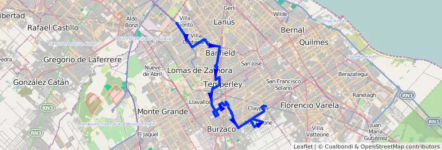 Mapa del recorrido A Pte.La Noria-Claypo de la línea 318 en Buenos Aires.