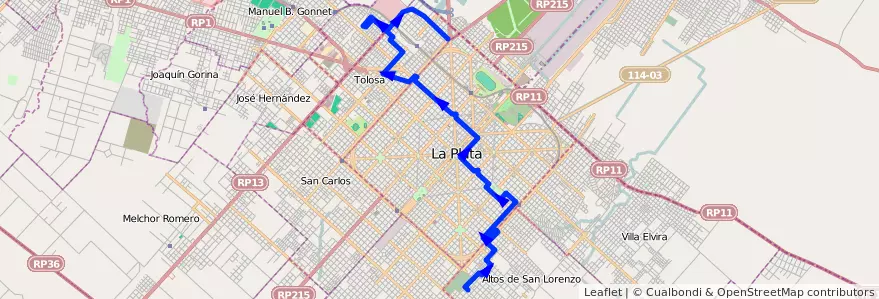 Mapa del recorrido A1 / A2 de la línea 273 en Partido de La Plata.