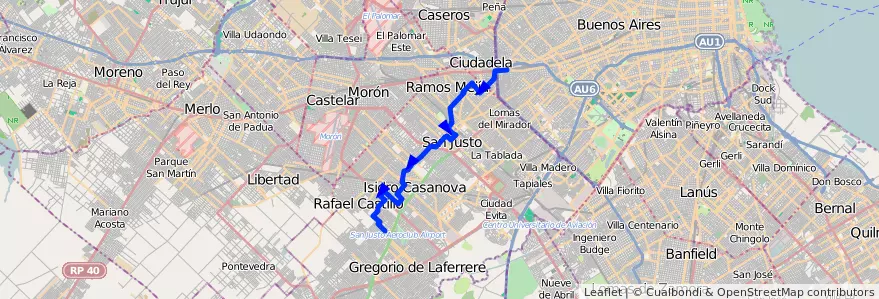 Mapa del recorrido A1 Liniers-Humboldt de la línea 174 en Partido de La Matanza.