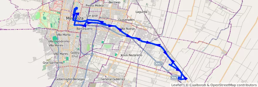 Mapa del recorrido A21 - Rodeo de la Cruz por Carril Nacional - Bº Piccione de la línea G02 en Mendoza.