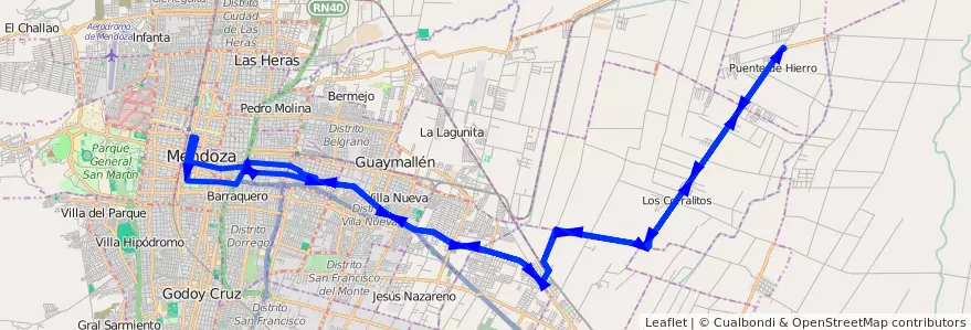 Mapa del recorrido A22 - Corralitos por Carril Nacional de la línea G02 en Departamento Guaymallén.