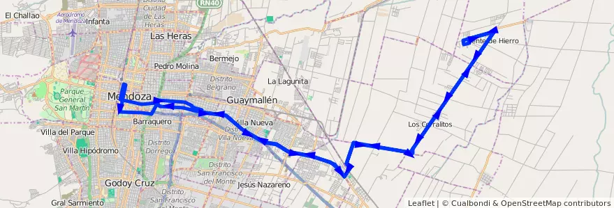 Mapa del recorrido A22 - Corralitos por Carril Nacional - Loteo Grilli de la línea G02 en Departamento Guaymallén.