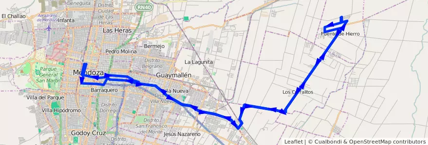 Mapa del recorrido A22 - Corralitos por Carril Nacional - Loteo Grilli - Malvinas de la línea G02 en Departamento Guaymallén.