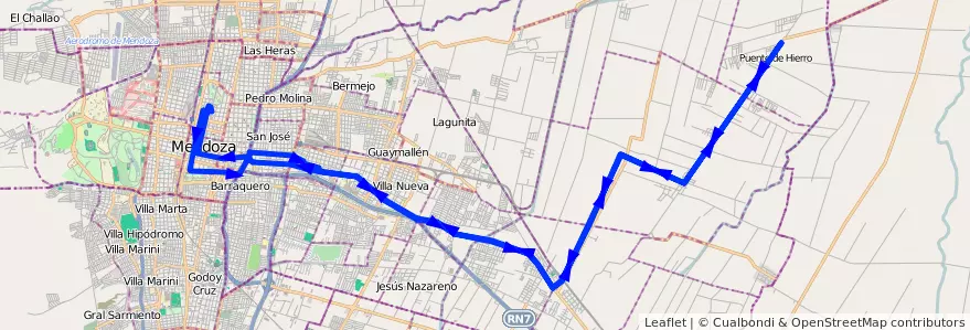 Mapa del recorrido A22 - Corralitos por Carril Nacional - Milagros por Vea de la línea G02 en Mendoza.