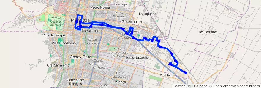 Mapa del recorrido A23 - Bº Santa Ana - Bº San Javier - Casa de Gob. de la línea G02 en Mendoza.