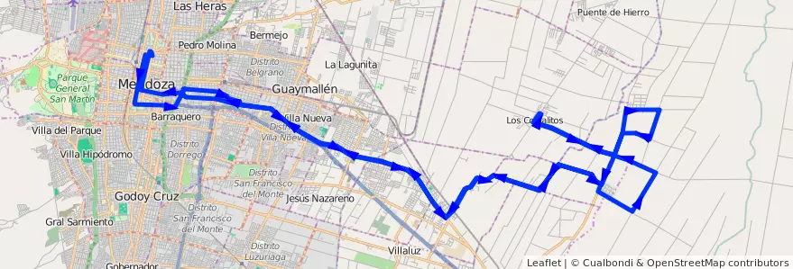 Mapa del recorrido A24 - Primavera por Carril Nacional de la línea G02 en Mendoza.
