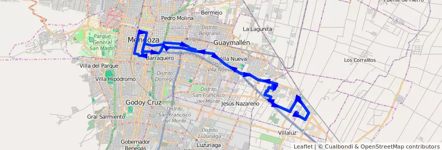 Mapa del recorrido A25 - Escorihuela por Carril Nacional - Casa de Gob. de la línea G02 en Мендоса.