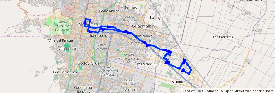 Mapa del recorrido A25 - Escorihuela por Carril Nacional de la línea G02 en Mendoza.