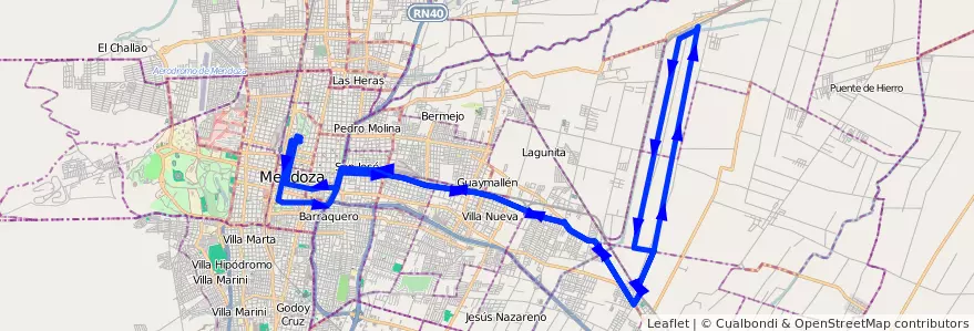 Mapa del recorrido A27 - Colonia Segovia - Rodeo de la Cruz de la línea G02 en Mendoza.