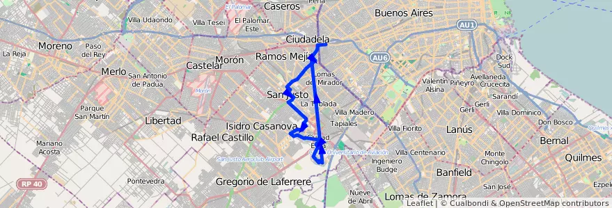 Mapa del recorrido A3 Liniers-C.Evita de la línea 174 en Partido de La Matanza.