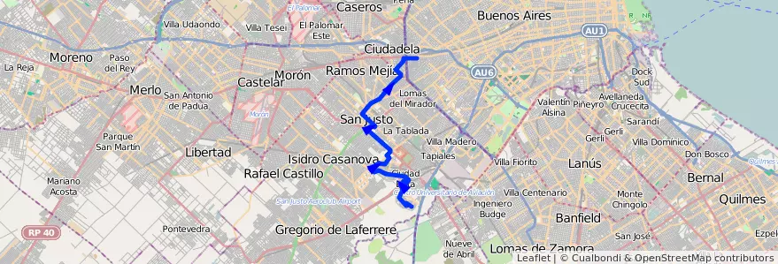 Mapa del recorrido A3 Liniers-C.Evita de la línea 174 en Partido de La Matanza.