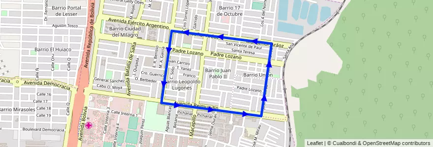 Mapa del recorrido AB de la línea Corredor 7 en Salta.