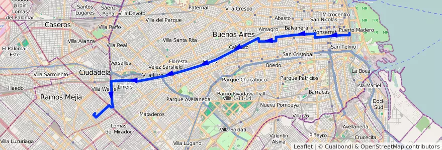 Mapa del recorrido Aduana-La Matanza de la línea 2 en Autonomous City of Buenos Aires.
