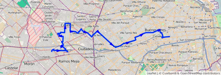 Mapa del recorrido Almagro-Haedo de la línea 181 en Argentinien.