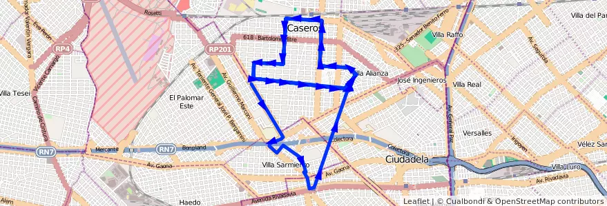 Mapa del recorrido Almagro-Haedo de la línea 181 en Buenos Aires.