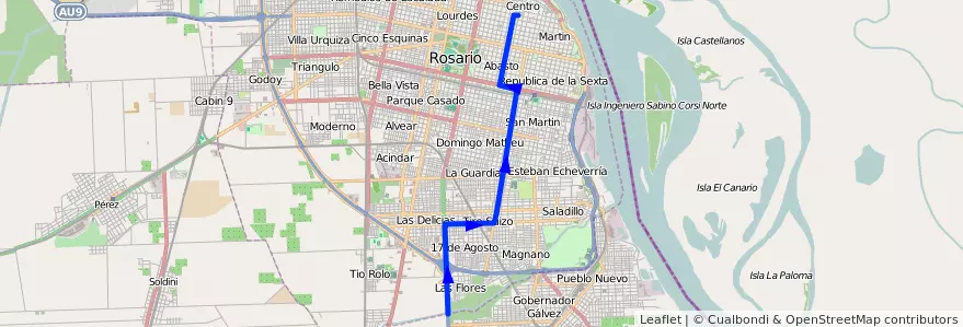 Mapa del recorrido  Alvear de la línea Serodino en Rosario.