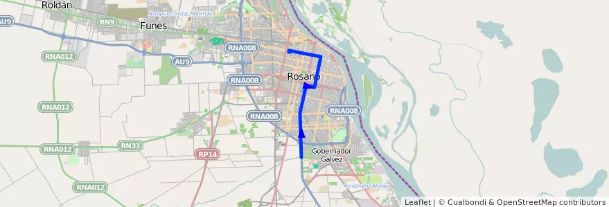 Mapa del recorrido  Autopista de la línea TIRSA en Rosário.