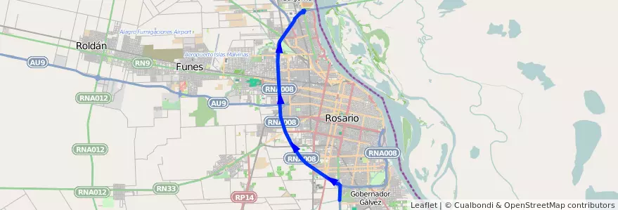 Mapa del recorrido  Autopista de la línea Serodino en Rosário.