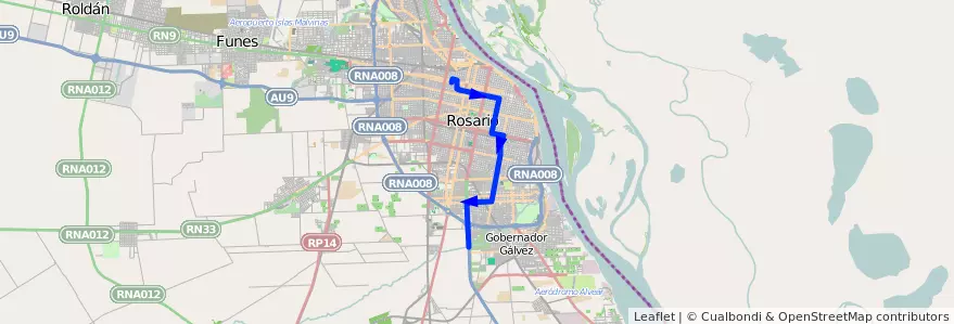 Mapa del recorrido  Autopista de la línea TIRSA en Rosario.