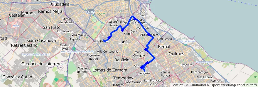 Mapa del recorrido B B. San Jose-Fiorito de la línea 247 en 부에노스아이레스주.
