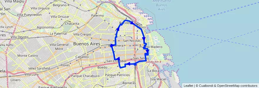 Mapa del recorrido B Const.-Retiro-Const. de la línea 61 en Буэнос-Айрес.