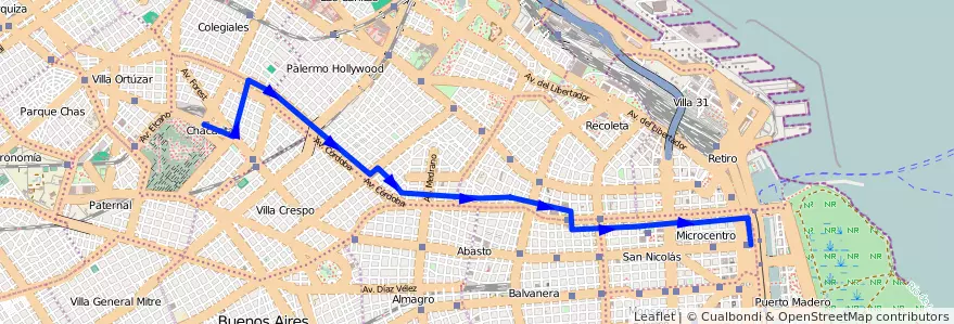 Mapa del recorrido B Correo-Chacarita de la línea 140 en Ciudad Autónoma de Buenos Aires.