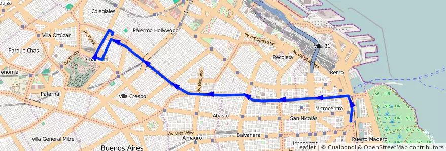 Mapa del recorrido B Correo-Chacarita de la línea 140 en Autonomous City of Buenos Aires.