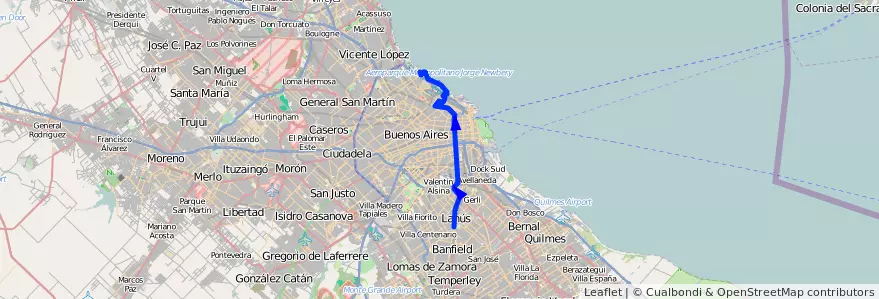 Mapa del recorrido B C.Univ-Lanus de la línea 37 en آرژانتین.