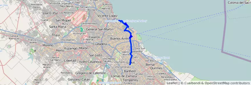 Mapa del recorrido B C.Univ-Lanus de la línea 37 en آرژانتین.
