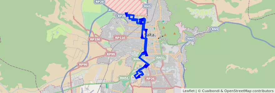 Mapa del recorrido B de la línea Corredor 3 en Salta.