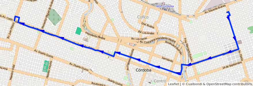Mapa del recorrido B de la línea Trolebus en Municipio de Córdoba.