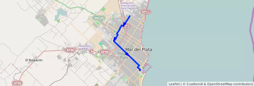 Mapa del recorrido B de la línea 563 en Mar del Plata.