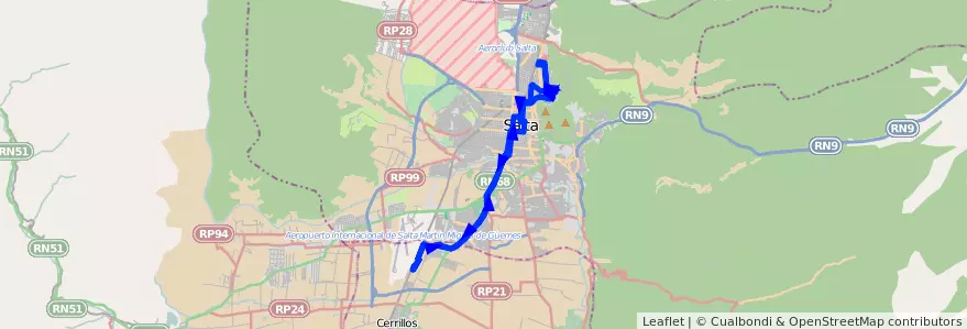 Mapa del recorrido B de la línea Corredor 5 en Salta.