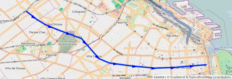 Mapa del recorrido B de la línea Subte en Ciudad Autónoma de Buenos Aires.