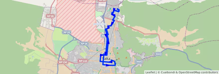 Mapa del recorrido B de la línea Corredor 7 en Salta.