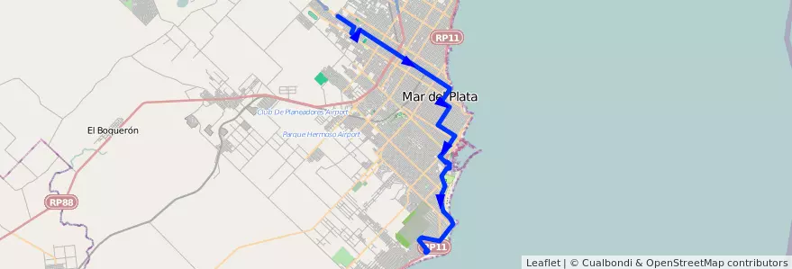Mapa del recorrido B de la línea 511 en Mar del Plata.