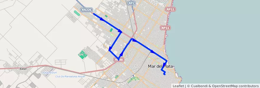 Mapa del recorrido B de la línea 512 en Mar del Plata.