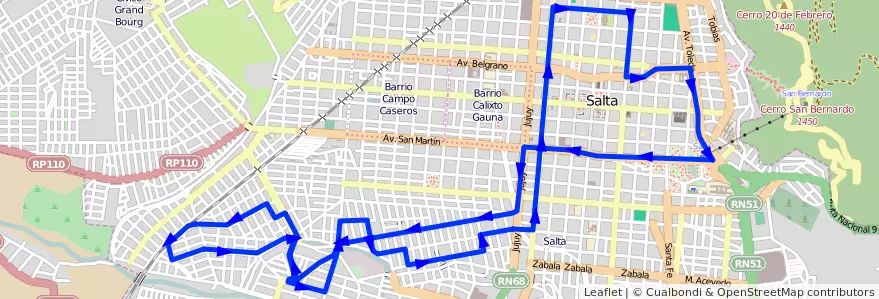 Mapa del recorrido B de la línea Corredor 4 en Salta.