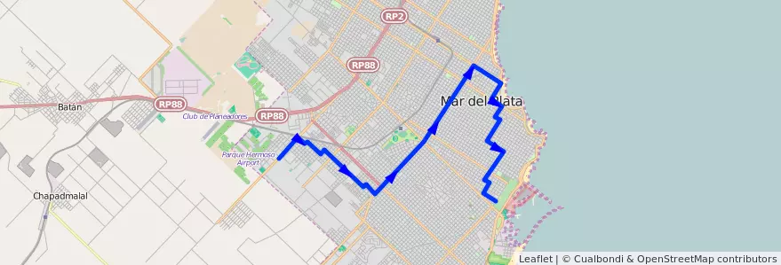 Mapa del recorrido B de la línea 591 en Mar del Plata.