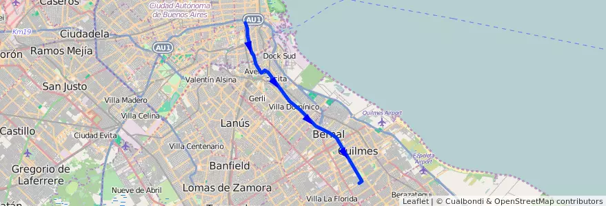 Mapa del recorrido B1 Constitucion-Quilm de la línea 148 en 布宜诺斯艾利斯省.
