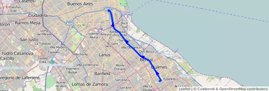 Mapa del recorrido B1 Constitucion-Quilm de la línea 148 en Provinz Buenos Aires.