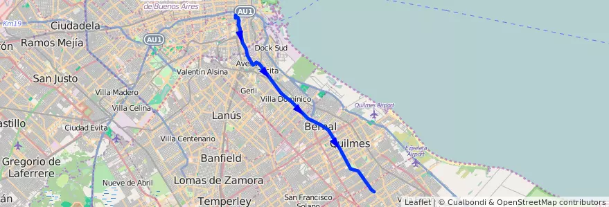 Mapa del recorrido B2 Constitucion-Quilm de la línea 148 en Provincia di Buenos Aires.