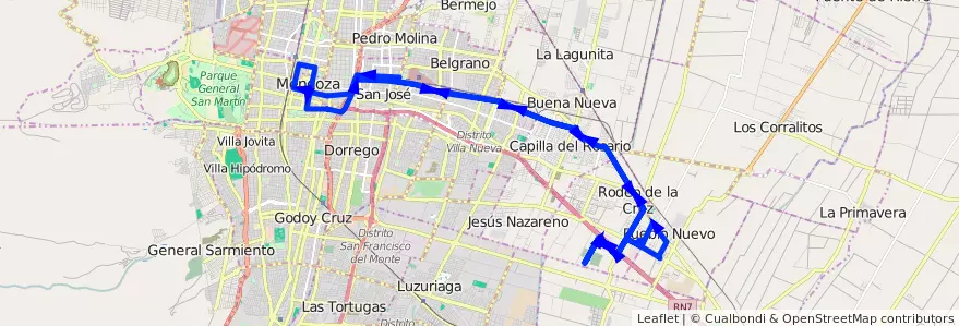 Mapa del recorrido B21 - Rodeo de la Cruz por Carril Godoy Cruz - Ap. Parque de Descanso de la línea G02 en Mendoza.