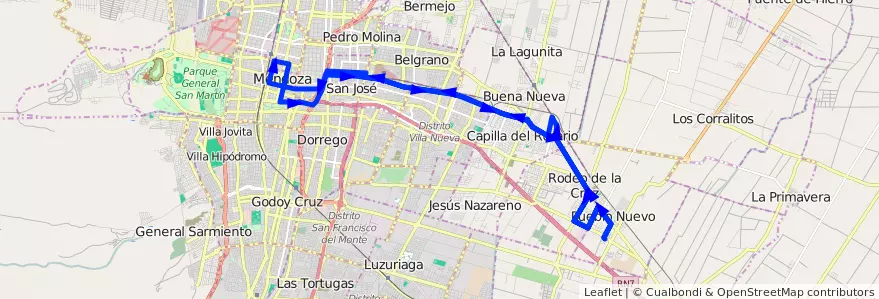 Mapa del recorrido B21 - Rodeo de la Cruz por Carril Godoy Cruz - Bº Santa Rita de la línea G02 en Mendoza.