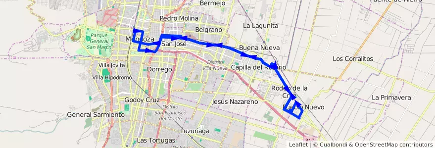 Mapa del recorrido B21 - Rodeo de la Cruz por Carril Godoy Cruz de la línea G02 en Mendoza.