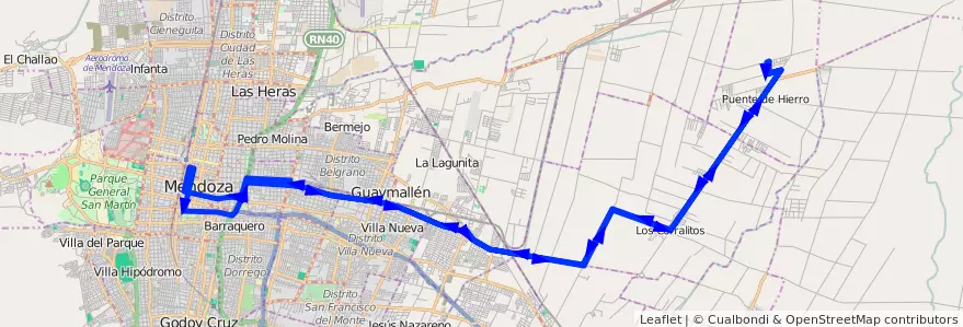 Mapa del recorrido B22 - Corralitos por Carril Godoy Cruz - KM. 14 - Milagros - Malvinas de la línea G02 en Departamento Guaymallén.