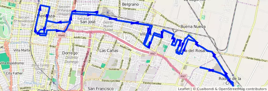 Mapa del recorrido B23 - Santa Ana por Carril Godoy Cruz - Casa de Gob. de la línea G02 en Mendoza.