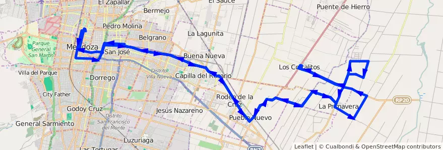 Mapa del recorrido B24 - Primavera por Carril Godoy Cruz de la línea G02 en Mendoza.